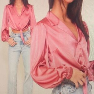 Sophisticated and Edgy Satin
Button Down Blouse with Self
Tie Beautiful Pink
